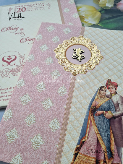 Semi Box Dulah Dulhan Flower Hindu Cream And Pink Colored invitation Cards NA-1125-92