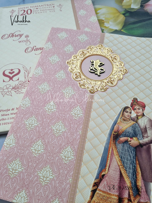 Semi Box Dulah Dulhan Flower Hindu Cream And Pink Colored invitation Cards NA-1125-92