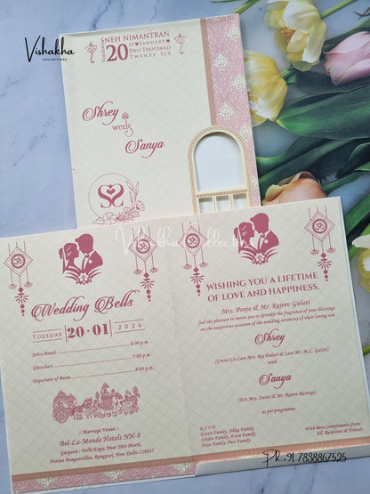 Semi Box Dulah Dulhan Flower Hindu Cream And Pink Colored invitation Cards NA-1125-92