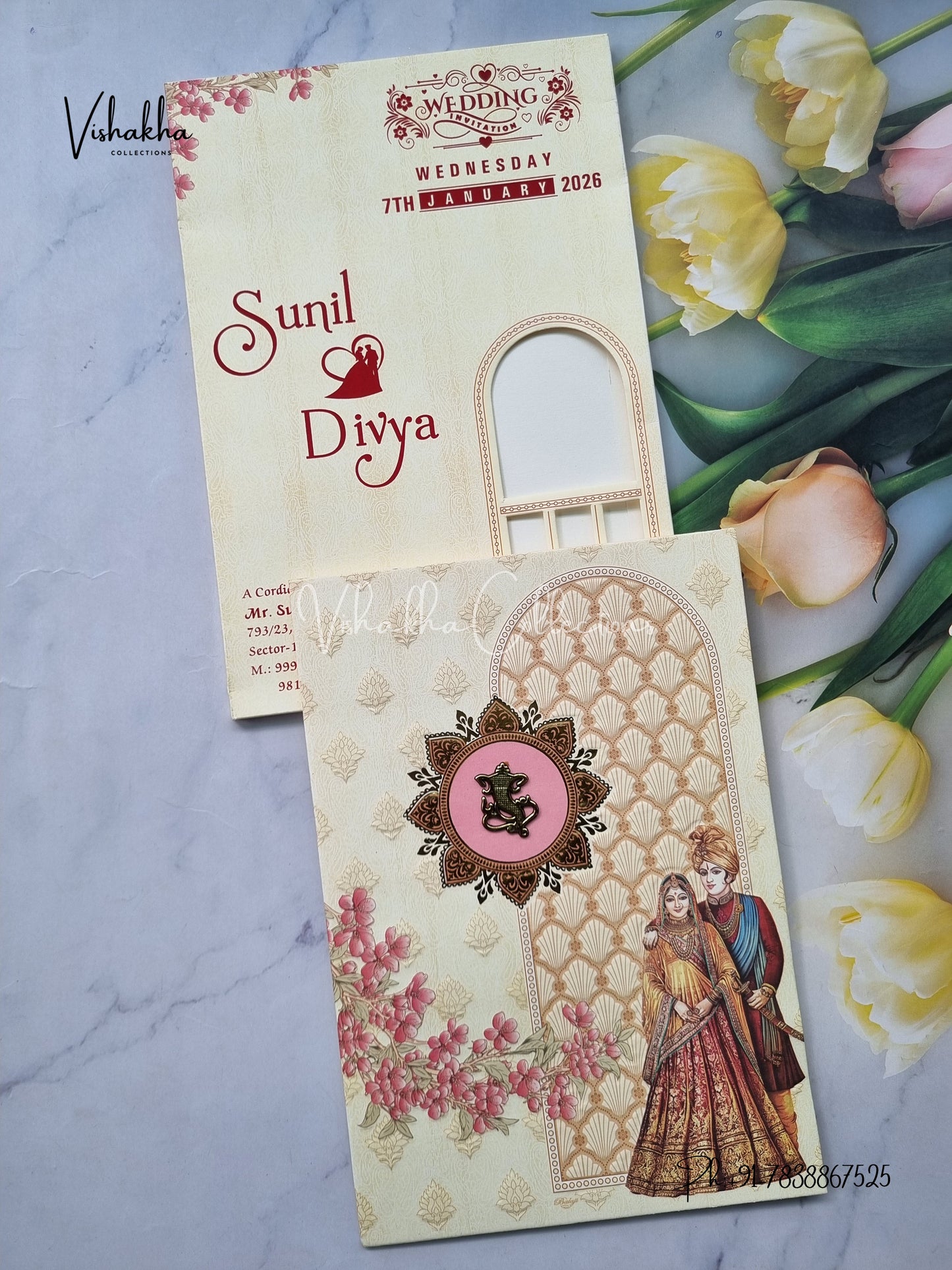 Semi Box Dulah Dulhan Flower Hindu Light Yellow Colored invitation Cards NA-1125-94