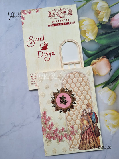 Semi Box Dulah Dulhan Flower Hindu Light Yellow Colored invitation Cards NA-1125-94