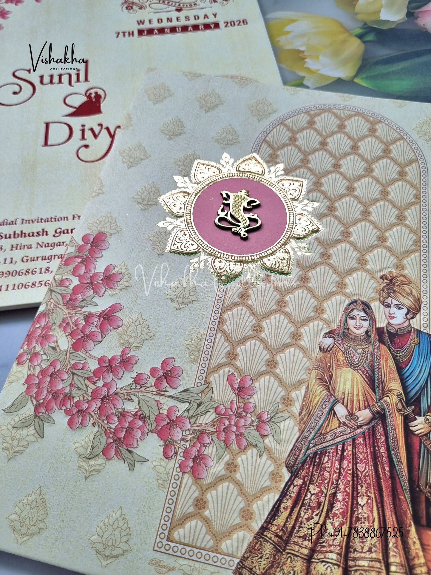 Semi Box Dulah Dulhan Flower Hindu Light Yellow Colored invitation Cards NA-1125-94