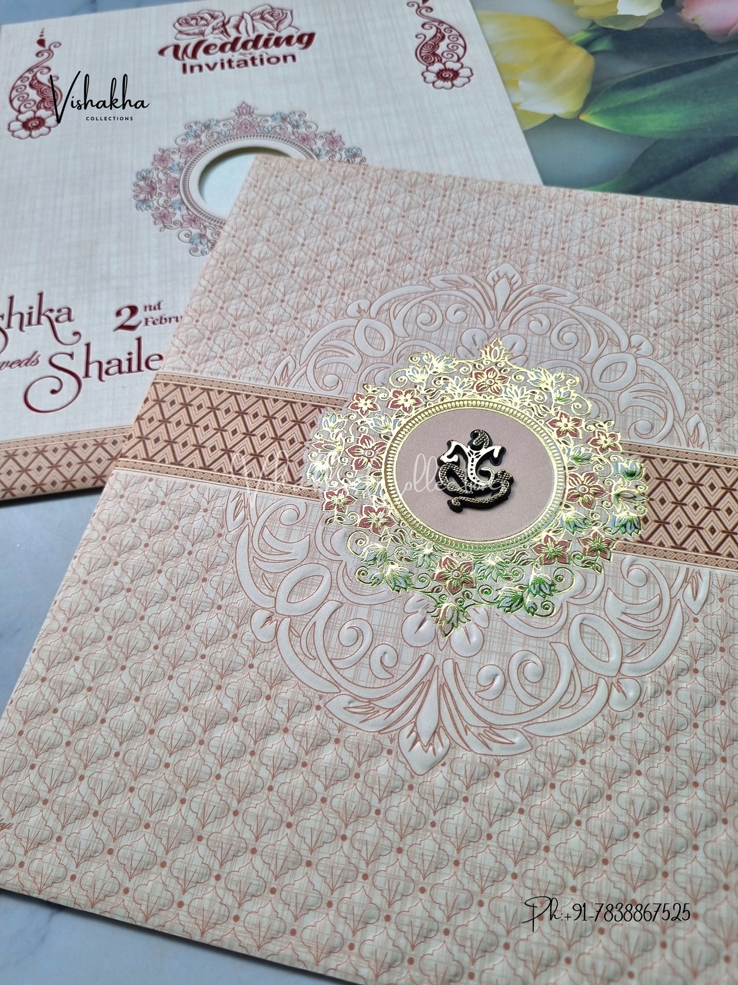 Flower Hindu Muslim Christian Sikh Light Brown Colored invitation Cards NA-1125-96