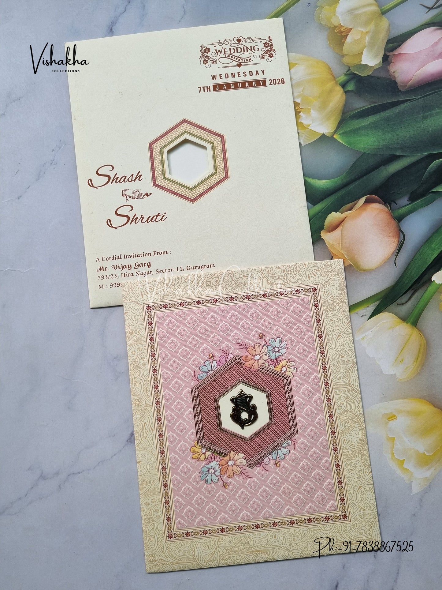 Flower Hindu Muslim Christian Sikh Light Yellow And Pink Colored invitation Cards NA-1125-99