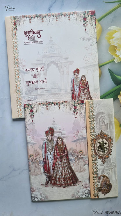 Barat Ganesh Ji Dulah Dulhan Double Door Hindu wedding invitation Cards SCH-211