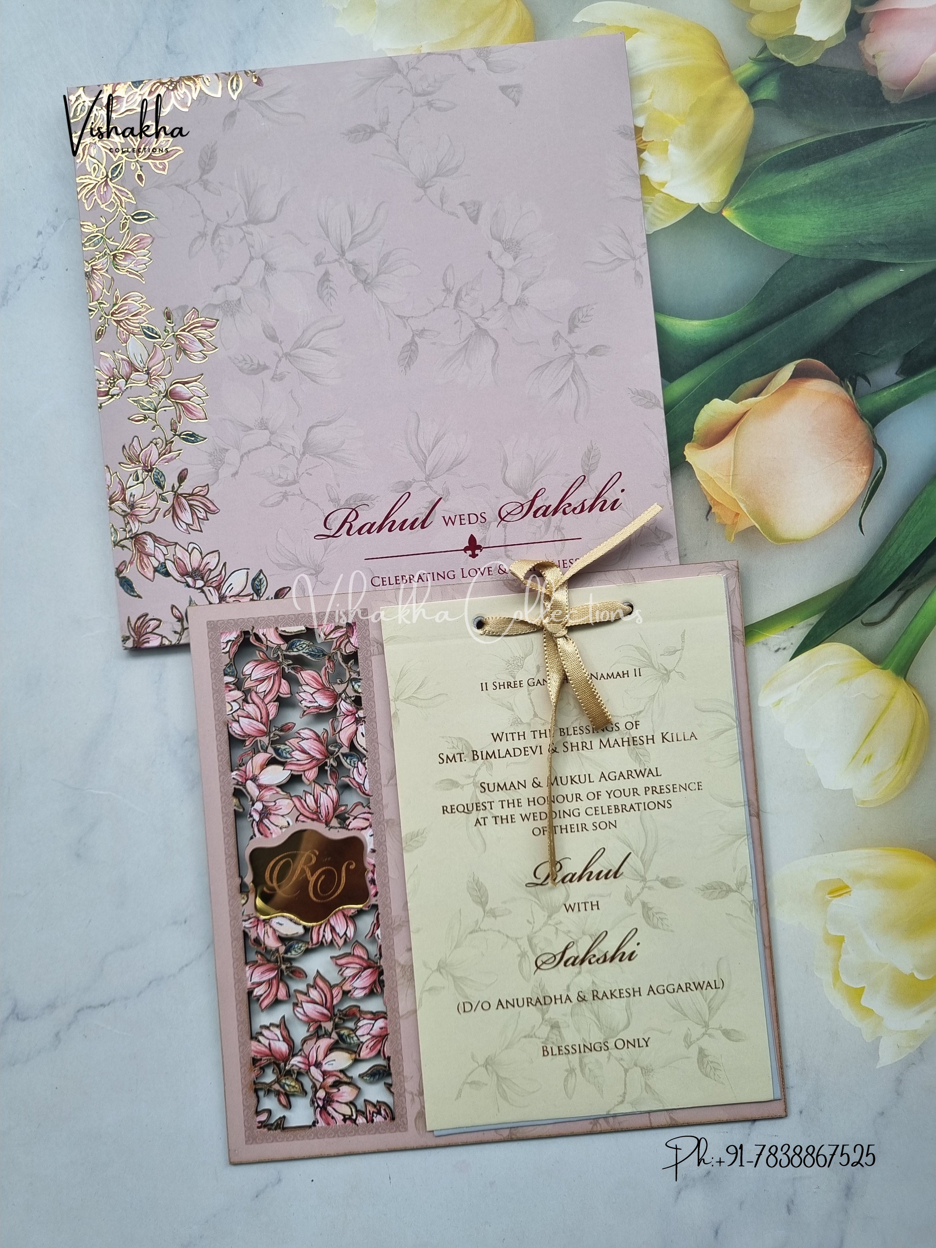 Light Purple Floral MDF Invitation with Laser-Cut Names