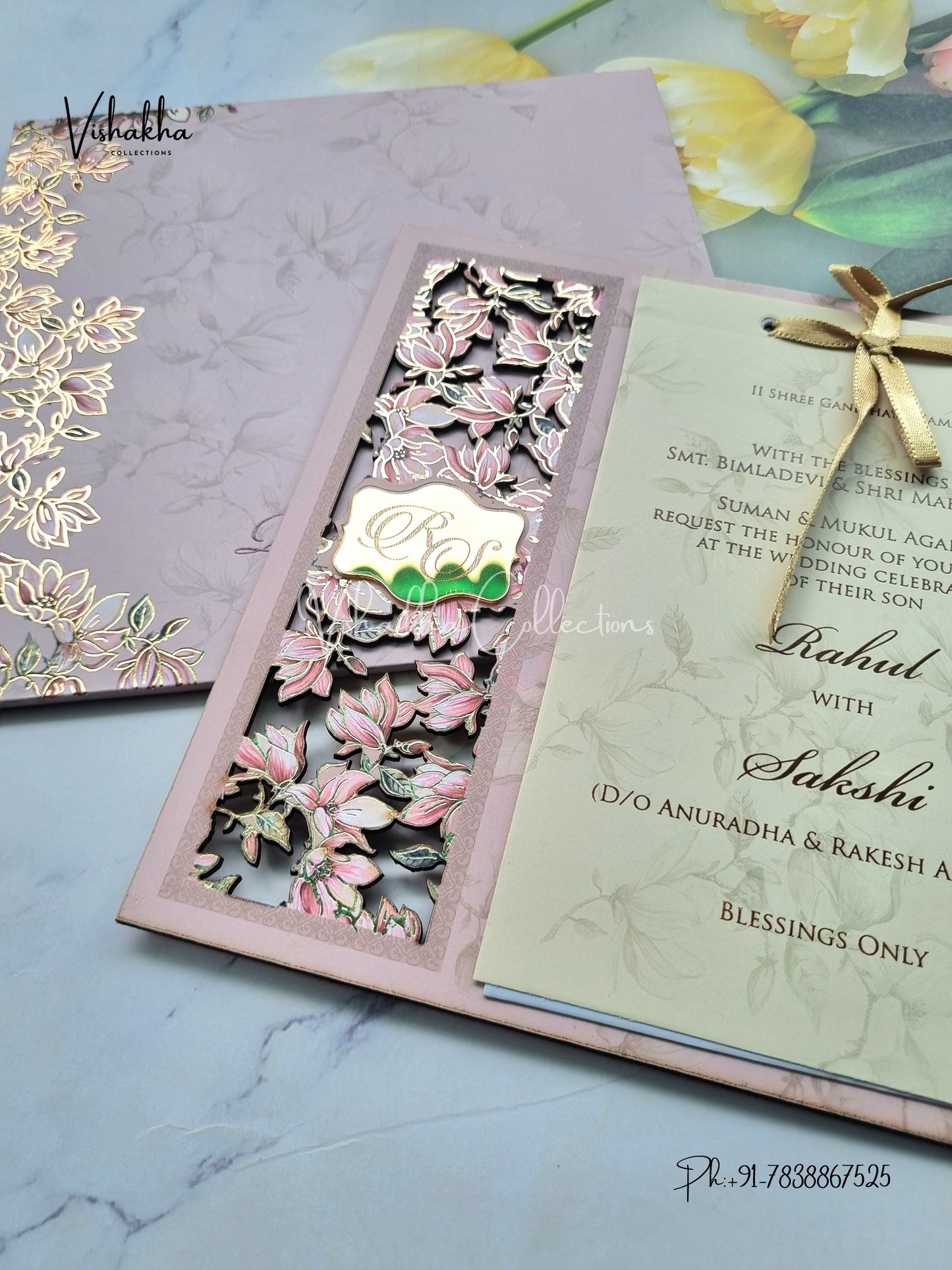 Semi Box Flower Hindu Muslim Christian Sikh MDF Board Laser Cut pink Colored invitation Cards SK-3123
