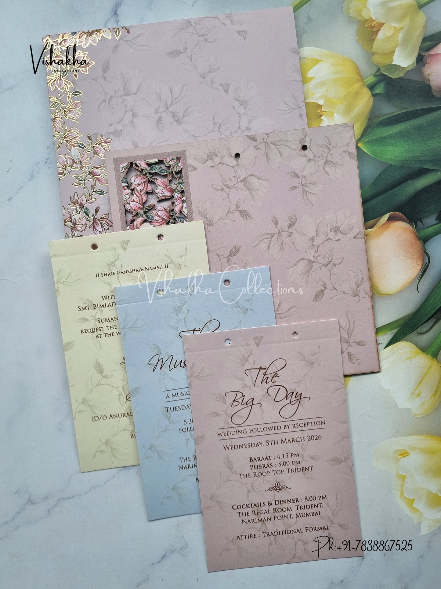 Semi Box Flower Hindu Muslim Christian Sikh MDF Board Laser Cut pink Colored invitation Cards SK-3123