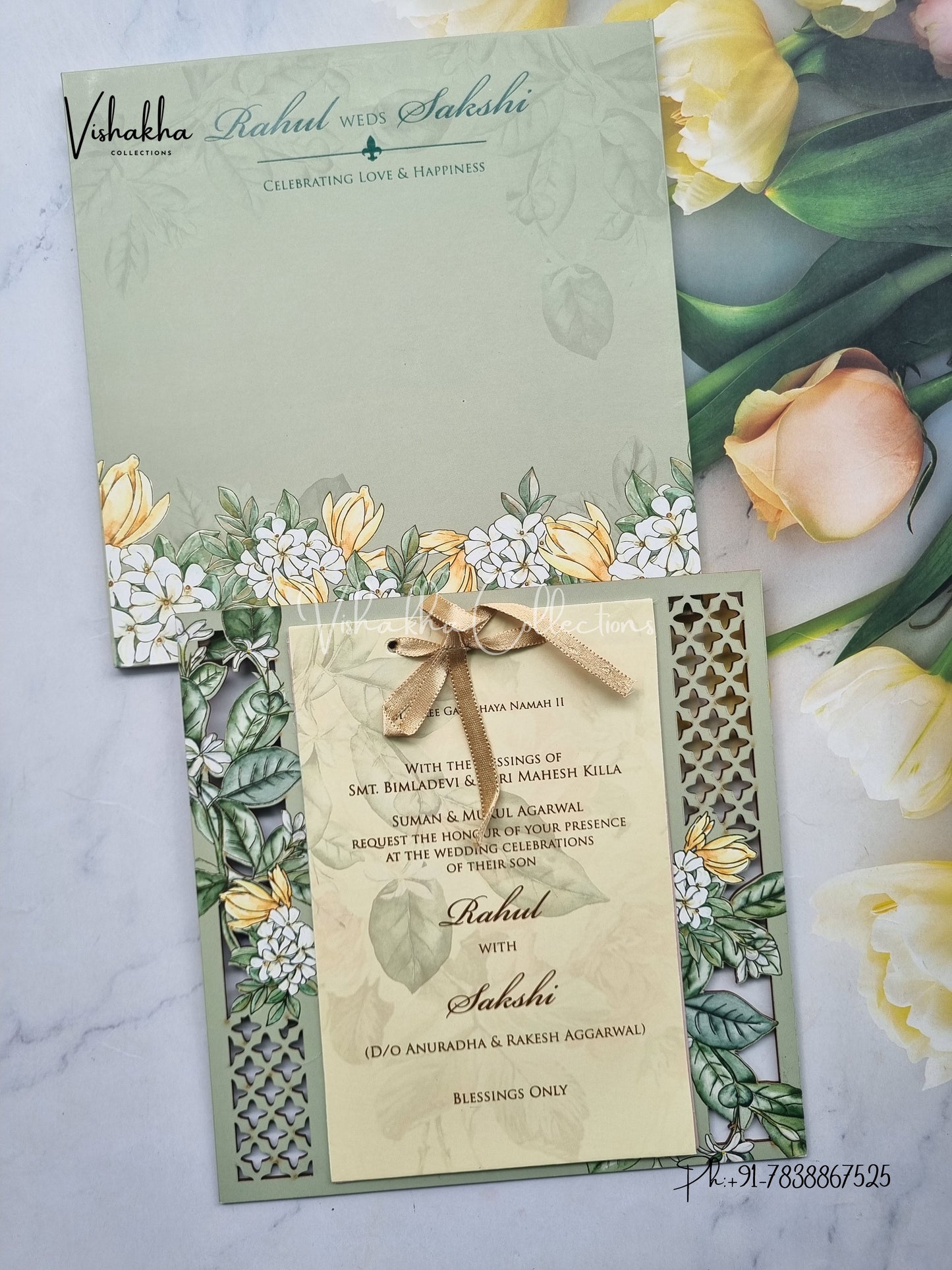 Semi Box Flower Hindu Muslim Christian Sikh MDF Board Laser Cut pista green Colored invitation Cards SK-3126
