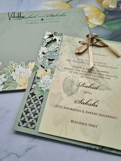 Semi Box Flower Hindu Muslim Christian Sikh MDF Board Laser Cut pista green Colored invitation Cards SK-3126