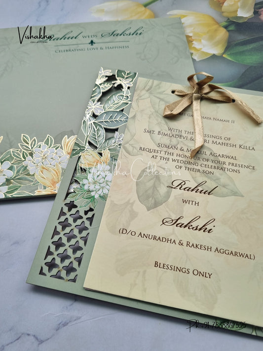 Semi Box Flower Hindu Muslim Christian Sikh MDF Board Laser Cut pista green Colored invitation Cards SK-3126