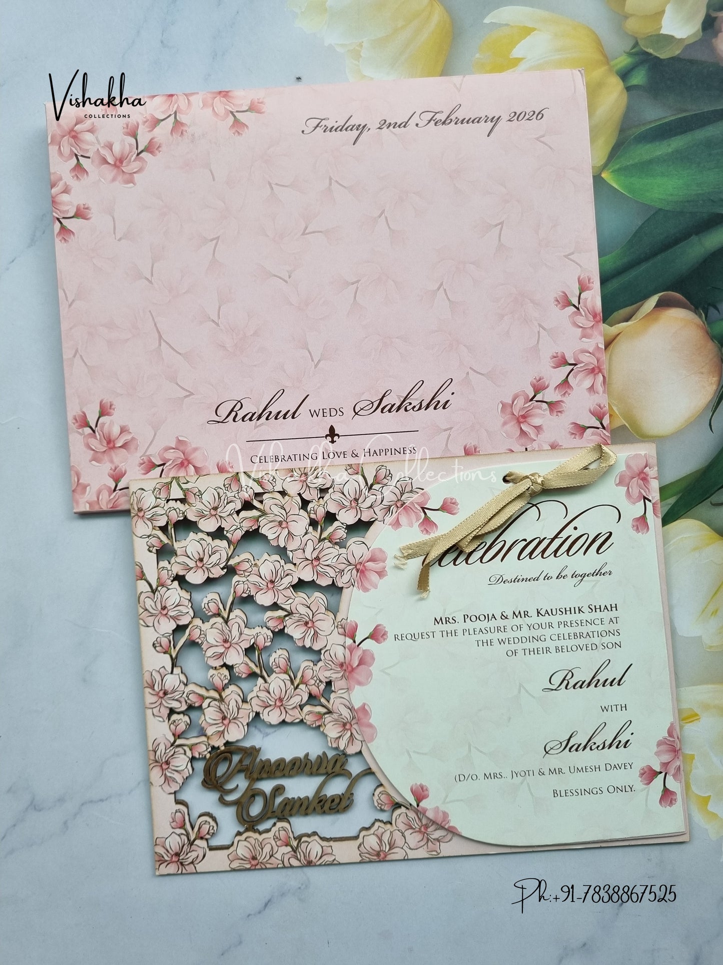 Semi Box Flower Hindu Muslim Christian Sikh Named MDF Laser Cut pink Colored invitation Cards SK-3285