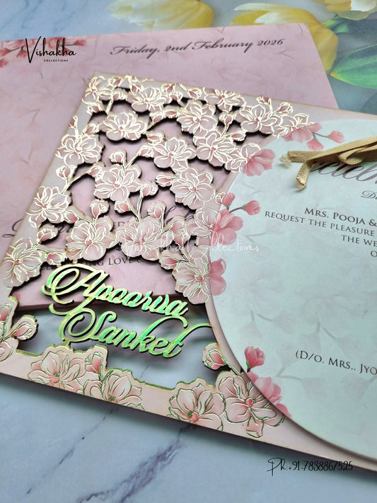 Semi Box Flower Hindu Muslim Christian Sikh Named MDF Laser Cut pink Colored invitation Cards SK-3285