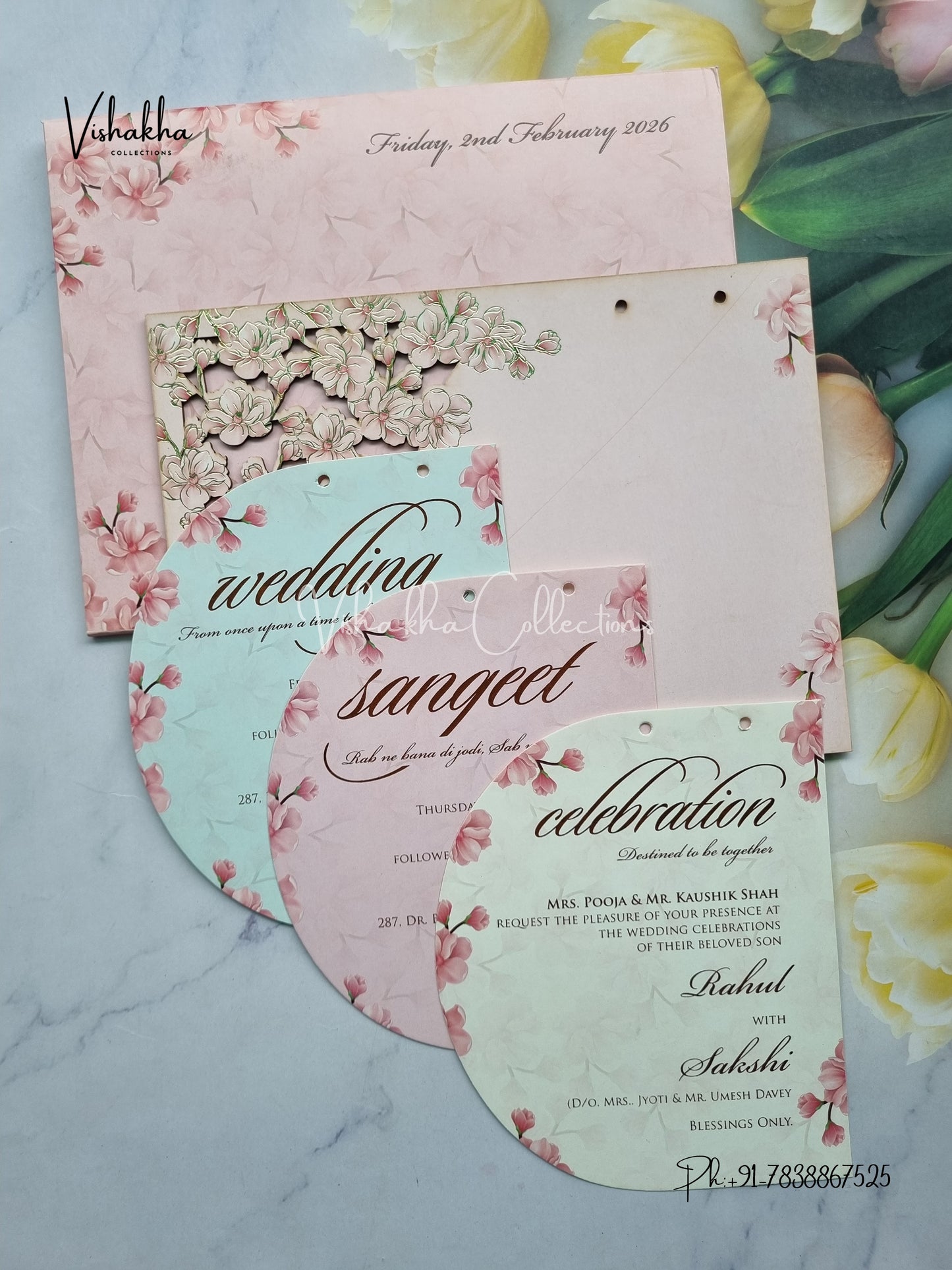 Semi Box Flower Hindu Muslim Christian Sikh Named MDF Laser Cut pink Colored invitation Cards SK-3285