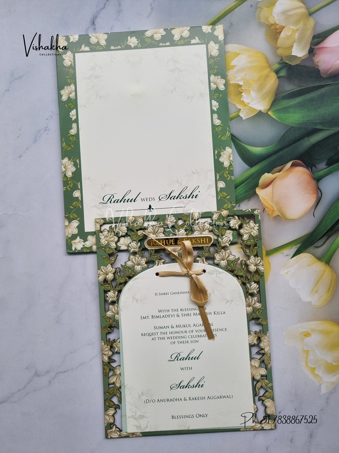 Semi Box Hindu Muslim Christian Sikh MDF Board Laser Cut green Colored invitation Cards SK-3289