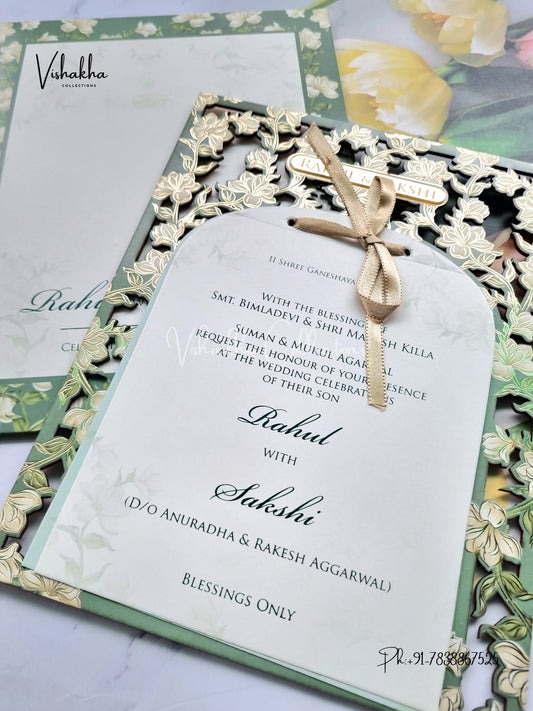 Semi Box Hindu Muslim Christian Sikh MDF Board Laser Cut green Colored invitation Cards SK-3289