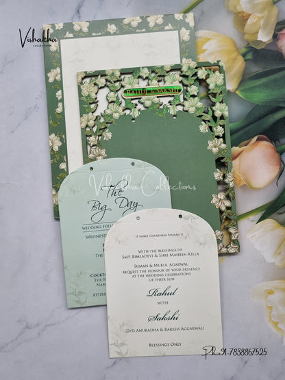 Semi Box Hindu Muslim Christian Sikh MDF Board Laser Cut green Colored invitation Cards SK-3289