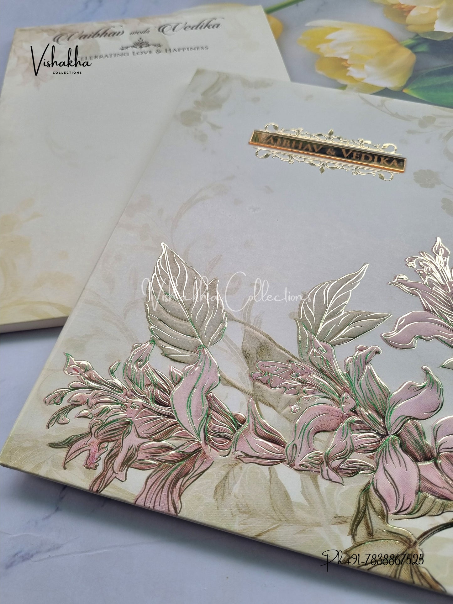 Semi Box Flower Hindu Muslim Christian Jain Sikh yellow Colored invitation Cards SK-3296