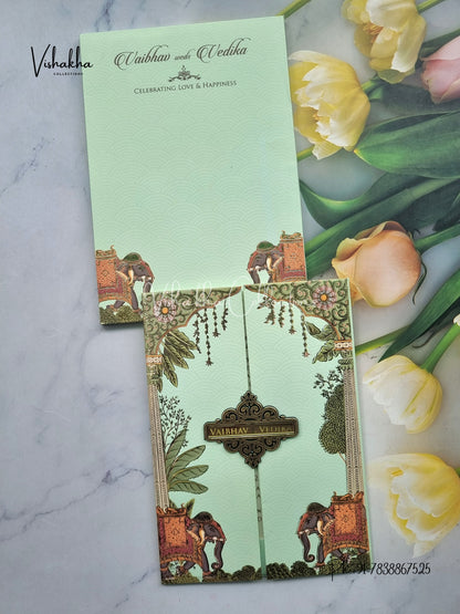 Semi Box Hathi Double Door Hindu Muslim Christian Sikh pista green Colored invitation Cards SK-3299