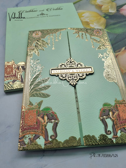 Semi Box Hathi Double Door Hindu Muslim Christian Sikh pista green Colored invitation Cards SK-3299