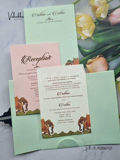 Semi Box Hathi Double Door Hindu Muslim Christian Sikh pista green Colored invitation Cards SK-3299