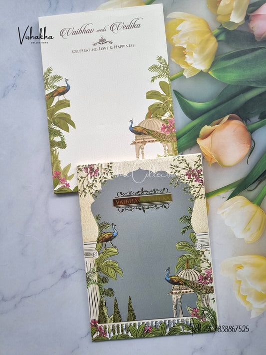 Peacock Semi Box Flower Hindu Muslim Christian Sikh yellow Colored invitation Cards SK-3302