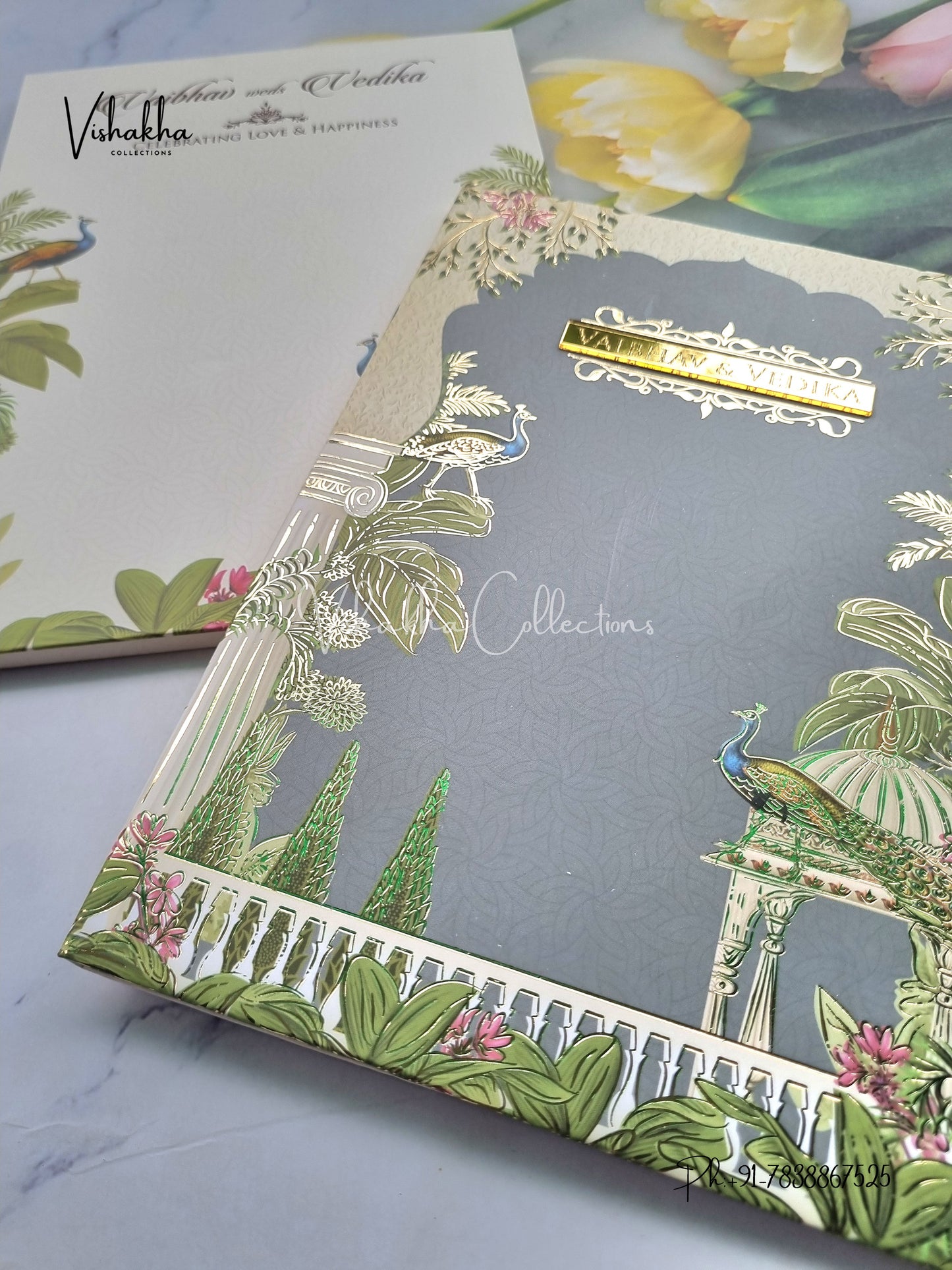 Peacock Semi Box Flower Hindu Muslim Christian Sikh yellow Colored invitation Cards SK-3302