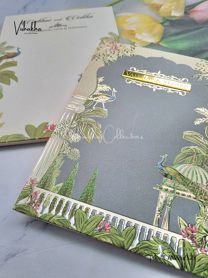 Peacock Semi Box Flower Hindu Muslim Christian Sikh yellow Colored invitation Cards SK-3302