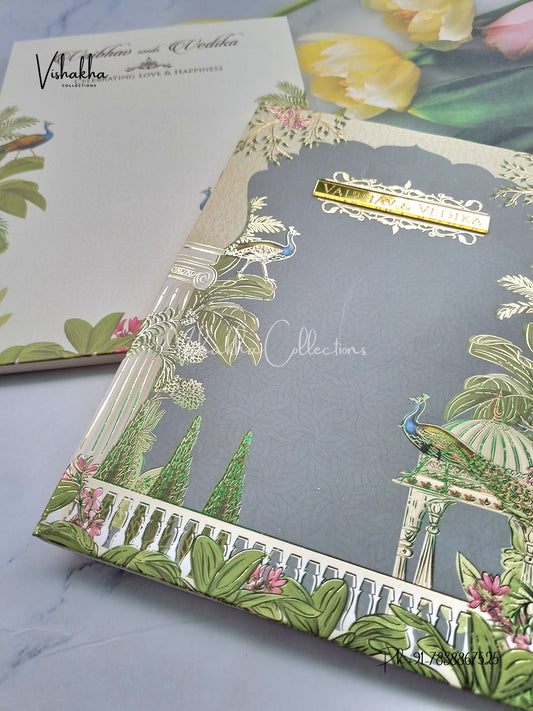 Peacock Semi Box Flower Hindu Muslim Christian Sikh yellow Colored invitation Cards SK-3302