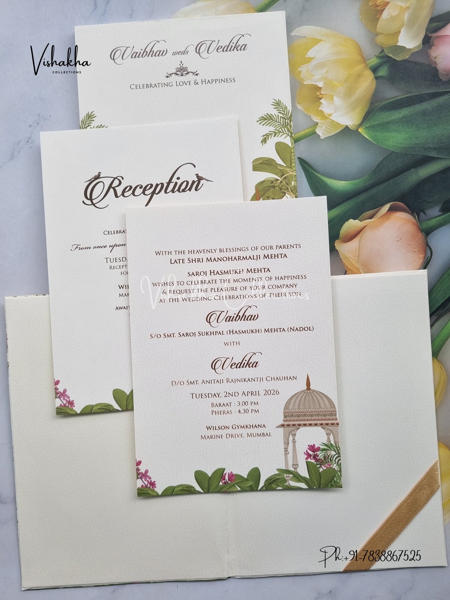 Peacock Semi Box Flower Hindu Muslim Christian Sikh yellow Colored invitation Cards SK-3302