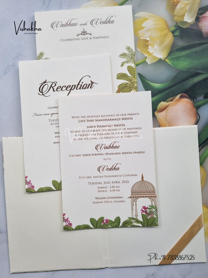 Peacock Semi Box Flower Hindu Muslim Christian Sikh yellow Colored invitation Cards SK-3302