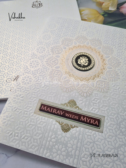 Semi Box Ganesh Ji Hindu white Colored invitation Cards SK-3318
