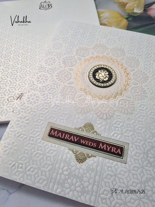 Semi Box Ganesh Ji Hindu white Colored invitation Cards SK-3318
