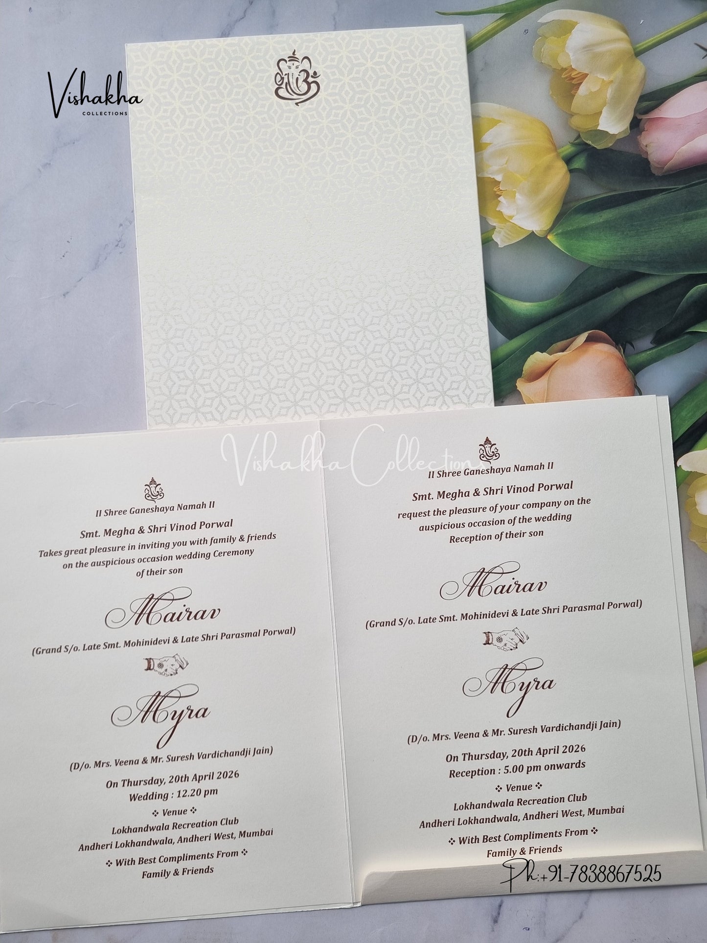 Semi Box Ganesh Ji Hindu white Colored invitation Cards SK-3318