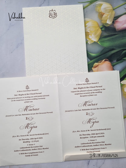 Semi Box Ganesh Ji Hindu white Colored invitation Cards SK-3318