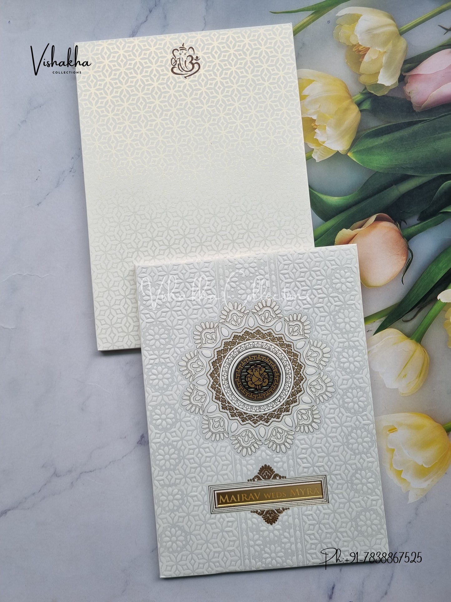 Semi Box Ganesh Ji Hindu Padded white Colored invitation Cards SK-3324