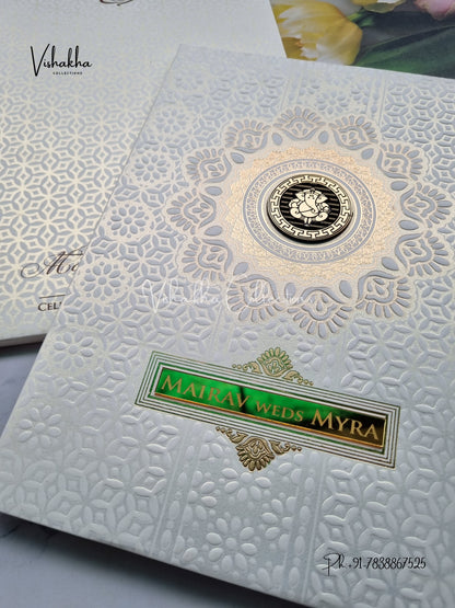 Semi Box Ganesh Ji Hindu Padded white Colored invitation Cards SK-3324