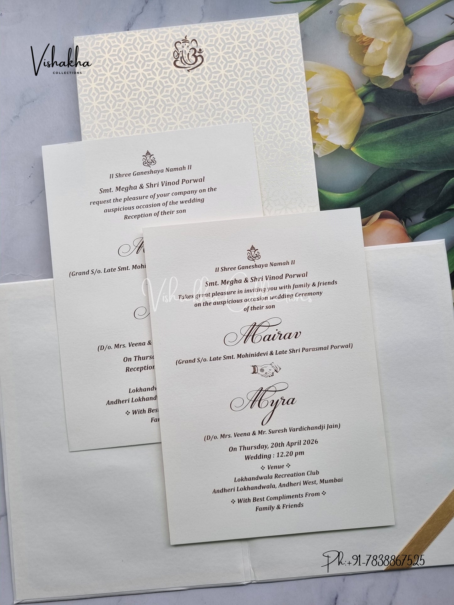 Semi Box Ganesh Ji Hindu Padded white Colored invitation Cards SK-3324