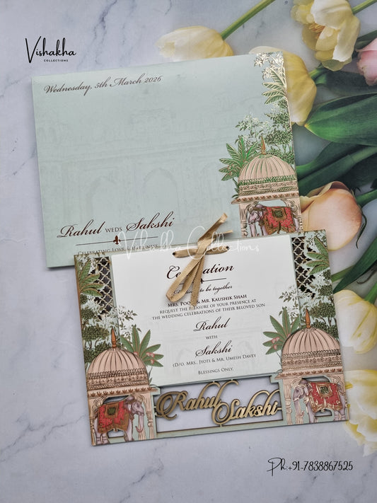 Semi Box Hathi Hindu Muslim Christian Sikh Named MDF Laser Cut light green Colored invitation Cards SK-3357