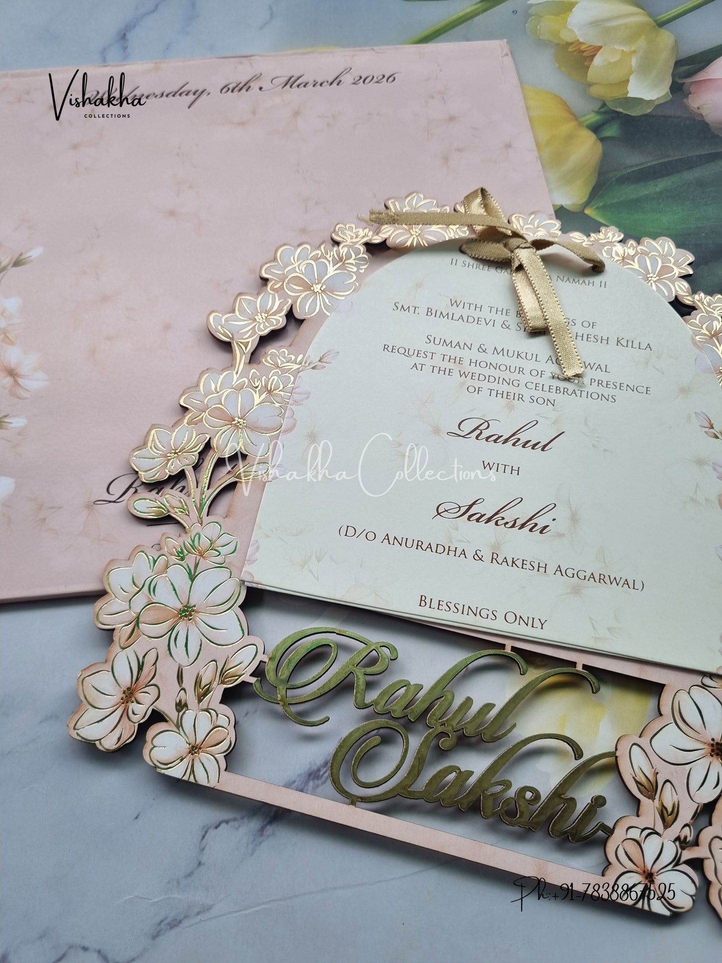 Semi Box Flower Hindu Muslim Christian Sikh Named MDF Laser Cut light pink Colored invitation Cards SK-3359