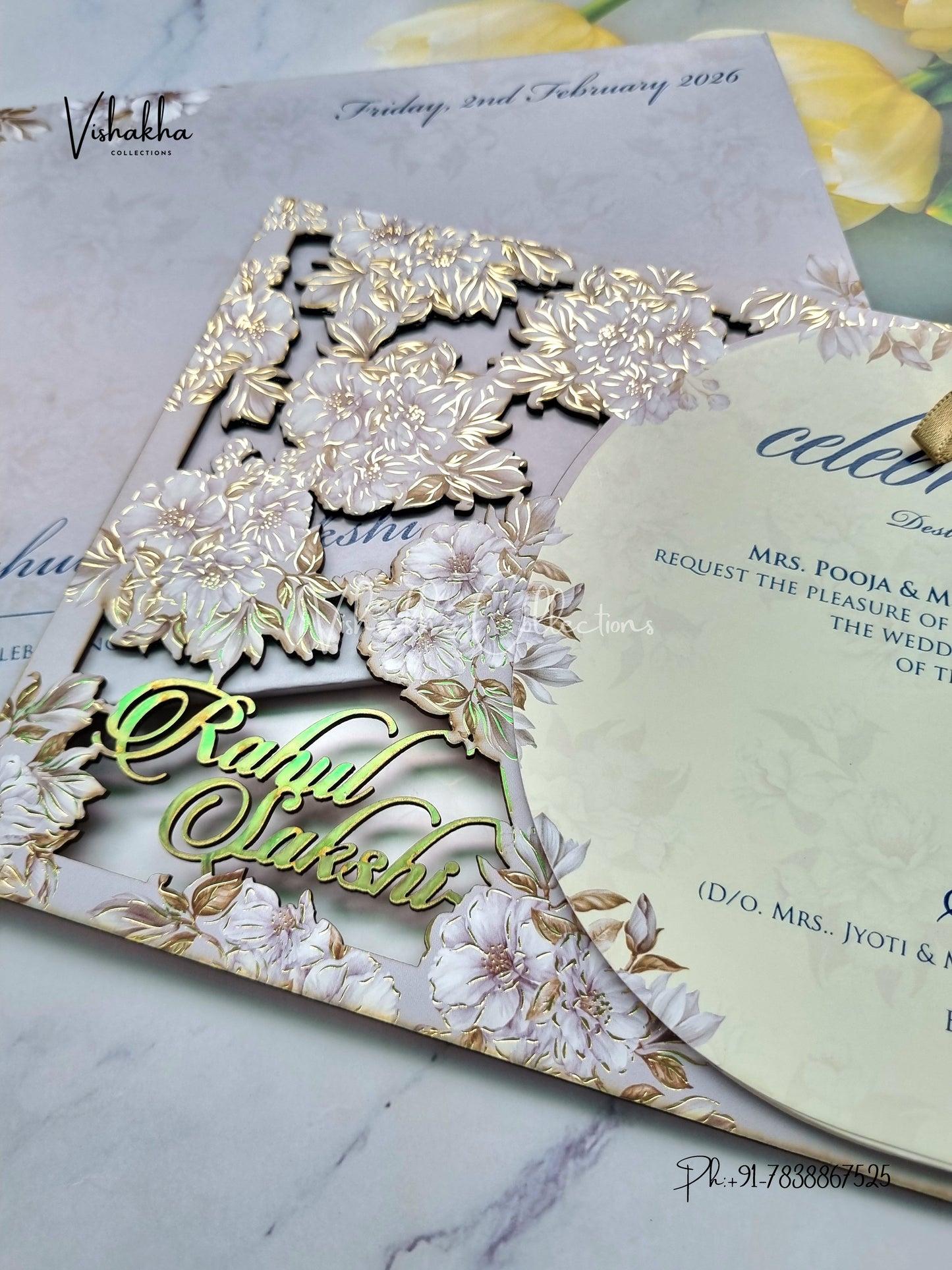 Semi Box Flower Hindu Muslim Christian Sikh Named MDF Laser Cut grey Colored invitation Cards SK-3366