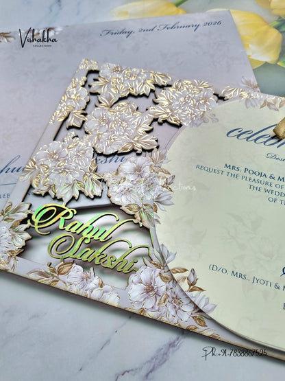 Semi Box Flower Hindu Muslim Christian Sikh Named MDF Laser Cut grey Colored invitation Cards SK-3366