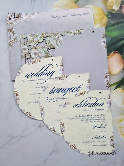 Semi Box Flower Hindu Muslim Christian Sikh Named MDF Laser Cut grey Colored invitation Cards SK-3366