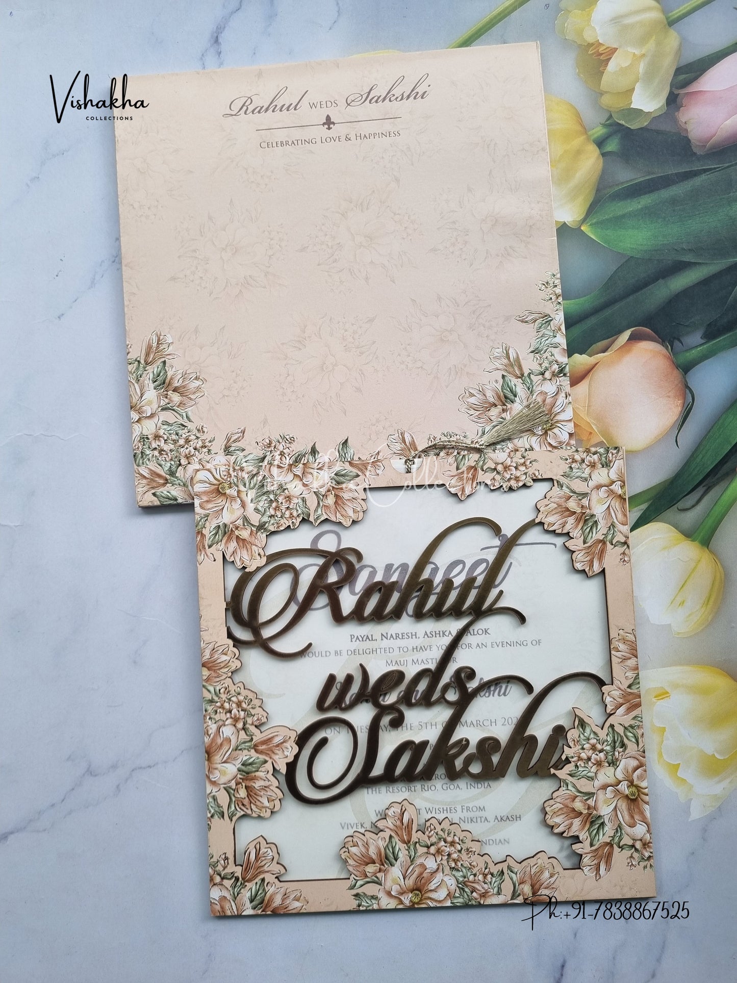 Semi Box Flower Hindu Muslim Christian Sikh Named MDF Laser Cut Vellum Paper muddy Colored invitation Cards SK-3367