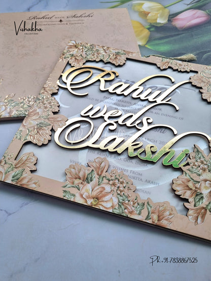 Semi Box Flower Hindu Muslim Christian Sikh Named MDF Laser Cut Vellum Paper muddy Colored invitation Cards SK-3367