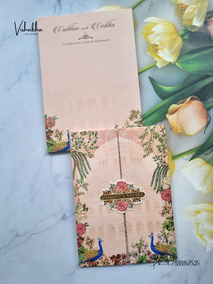 Peacock Semi Box Flower Double Door Hindu Muslim Christian Sikh peach Colored invitation Cards SK-3371
