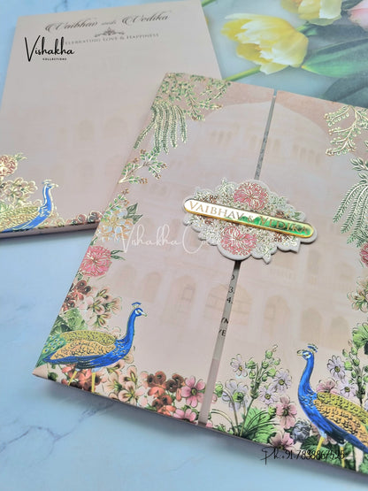 Peacock Semi Box Flower Double Door Hindu Muslim Christian Sikh peach Colored invitation Cards SK-3371