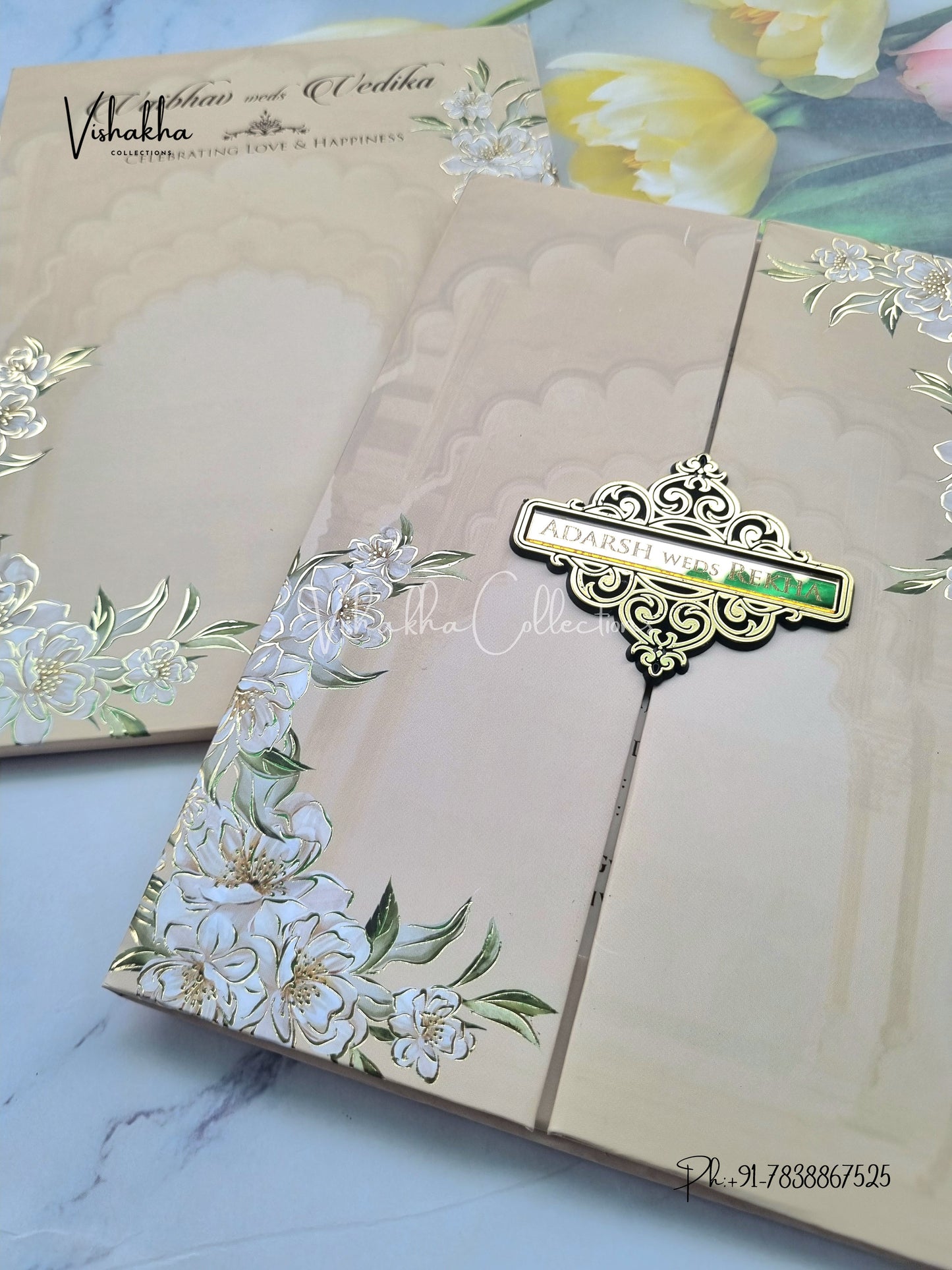 Semi Box Flower Hindu Muslim Christian Sikh biege Colored invitation Cards SK-3373