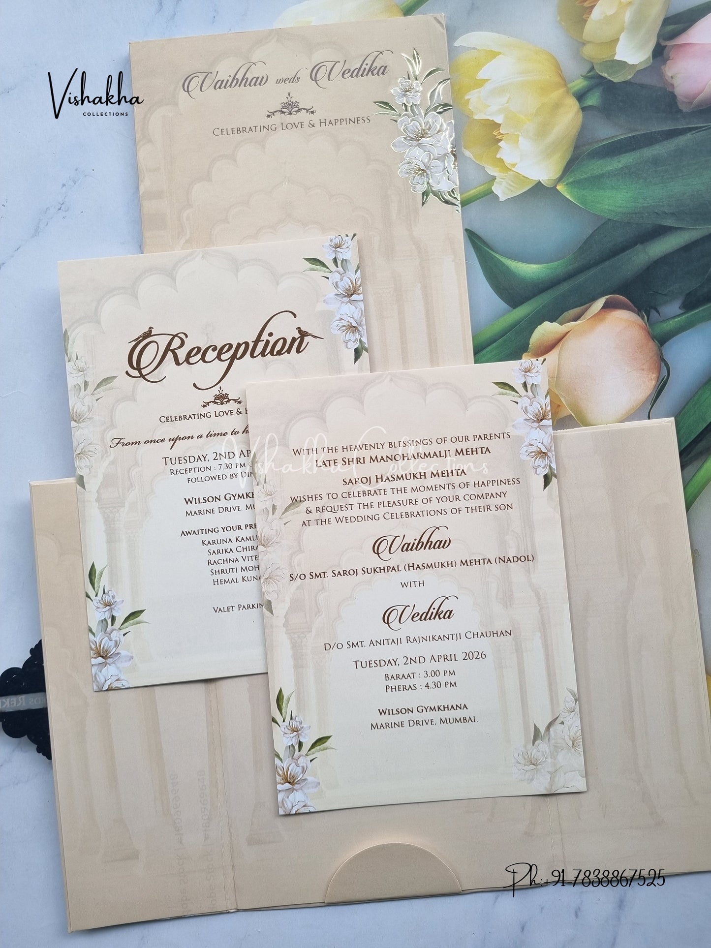 Semi Box Flower Hindu Muslim Christian Sikh biege Colored invitation Cards SK-3373