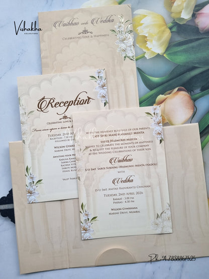 Semi Box Flower Hindu Muslim Christian Sikh biege Colored invitation Cards SK-3373